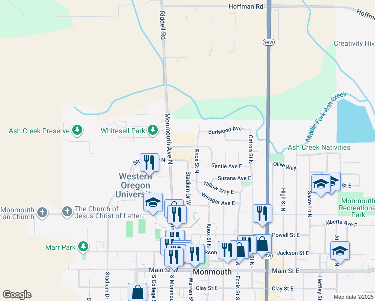 map of restaurants, bars, coffee shops, grocery stores, and more near 800 Knox Street North in Monmouth