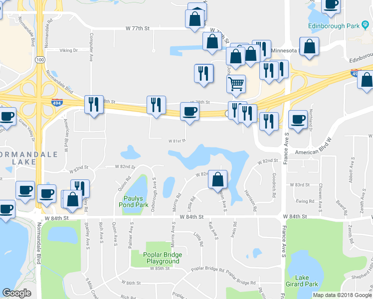 map of restaurants, bars, coffee shops, grocery stores, and more near 4575 West 80th Street Circle in Minneapolis