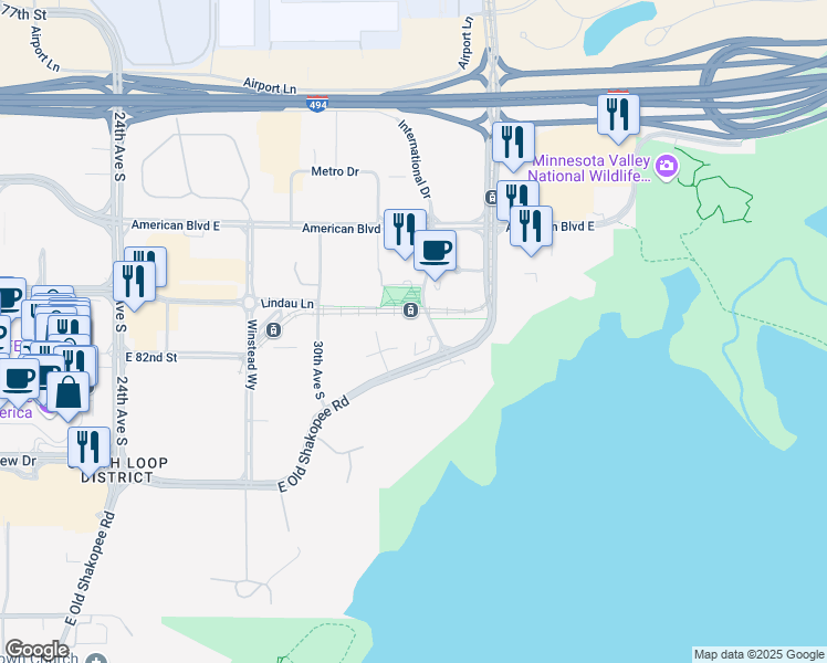 map of restaurants, bars, coffee shops, grocery stores, and more near 8170 33rd Avenue South in Bloomington