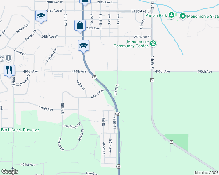 map of restaurants, bars, coffee shops, grocery stores, and more near N4839 470th Street in Menomonie