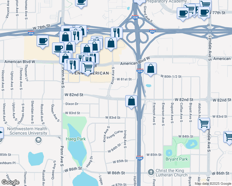 map of restaurants, bars, coffee shops, grocery stores, and more near 1700 West 82nd Street in Bloomington
