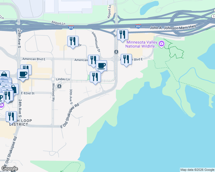 map of restaurants, bars, coffee shops, grocery stores, and more near 8161 33rd Avenue South in Bloomington