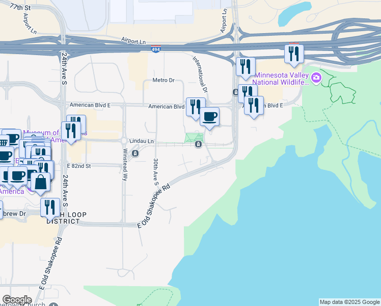 map of restaurants, bars, coffee shops, grocery stores, and more near 8170 33rd Avenue South in Bloomington