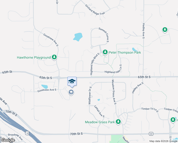 map of restaurants, bars, coffee shops, grocery stores, and more near 6502 Highland Hills Lane South in Cottage Grove