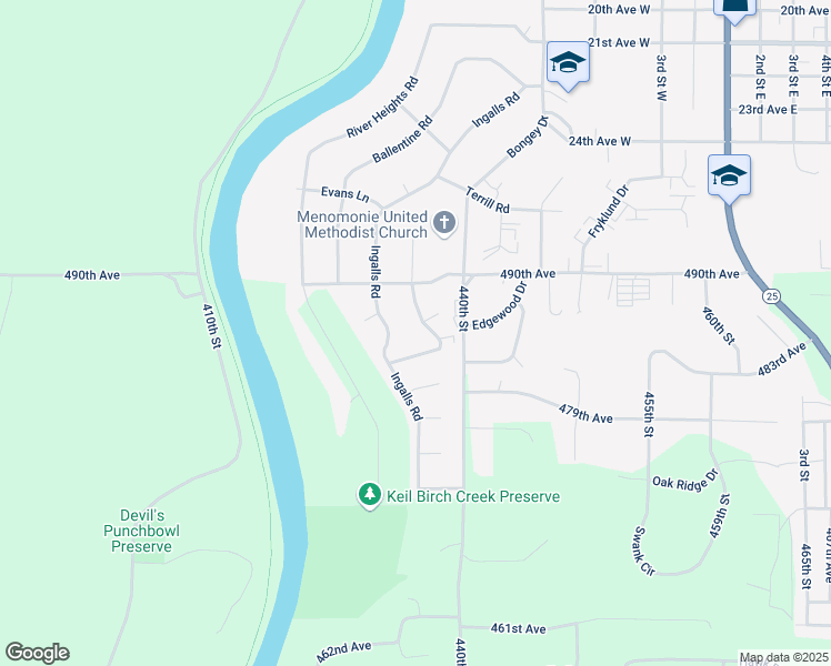 map of restaurants, bars, coffee shops, grocery stores, and more near 3002 Ingalls Road in Menomonie
