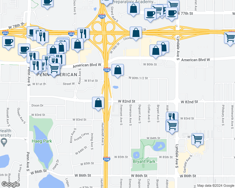 map of restaurants, bars, coffee shops, grocery stores, and more near 8133 East Bloomington Freeway in Minneapolis