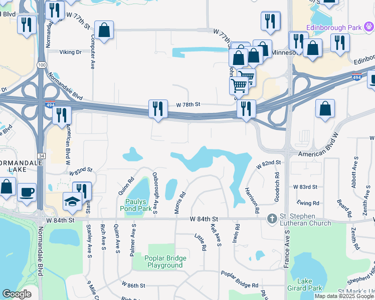 map of restaurants, bars, coffee shops, grocery stores, and more near 4575 West 80th Street Circle in Minneapolis