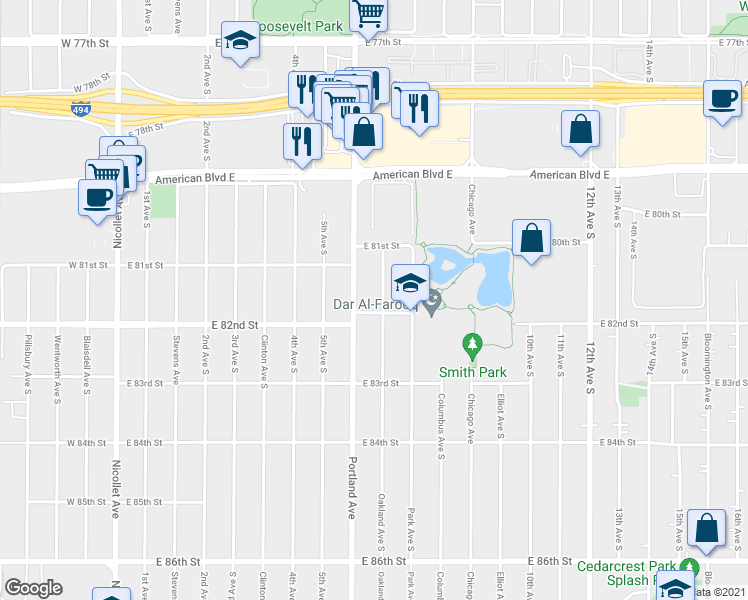map of restaurants, bars, coffee shops, grocery stores, and more near 8144 Oakland Avenue South in Minneapolis