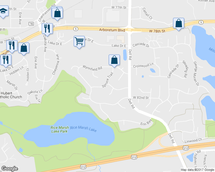 map of restaurants, bars, coffee shops, grocery stores, and more near 8091 Spruce Trail in Eden Prairie