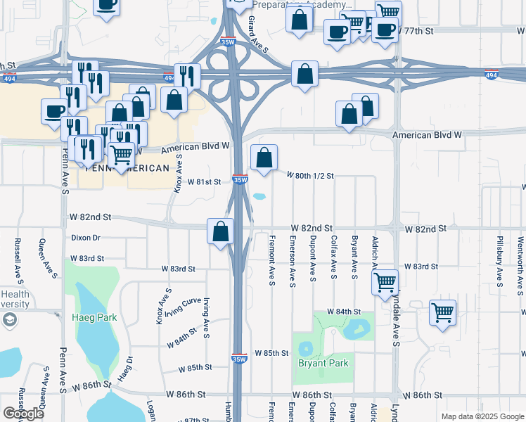 map of restaurants, bars, coffee shops, grocery stores, and more near 8133 East Bloomington Freeway in Minneapolis