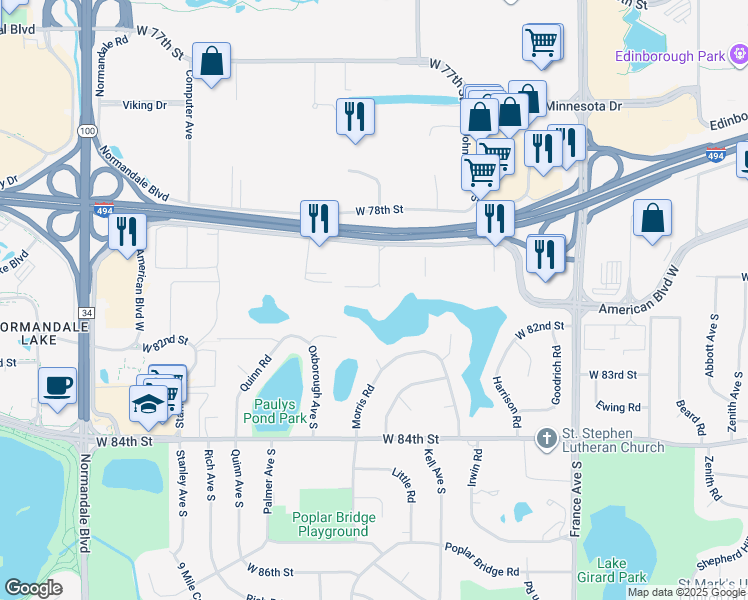 map of restaurants, bars, coffee shops, grocery stores, and more near 4575 West 80th Street Circle in Minneapolis
