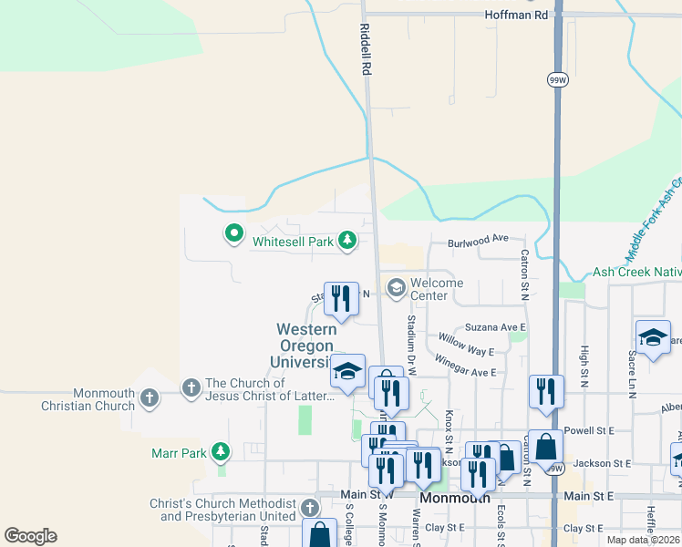 map of restaurants, bars, coffee shops, grocery stores, and more near 810 Stadium Drive North in Monmouth