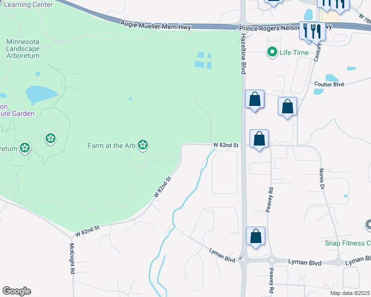 map of restaurants, bars, coffee shops, grocery stores, and more near 105 West 82nd Street in Chaska