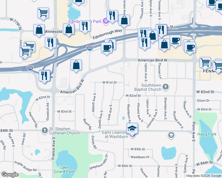 map of restaurants, bars, coffee shops, grocery stores, and more near 8116 York Ave S in Minneapolis