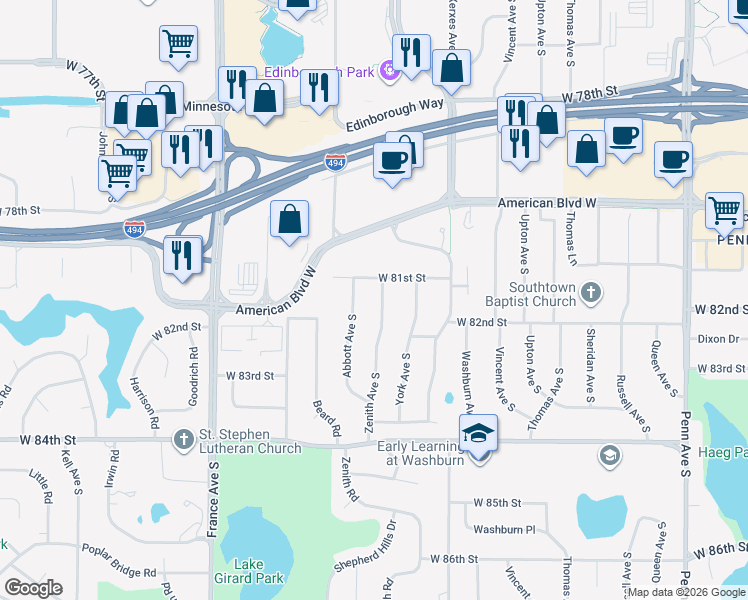 map of restaurants, bars, coffee shops, grocery stores, and more near 8117 Abbott Avenue South in Minneapolis