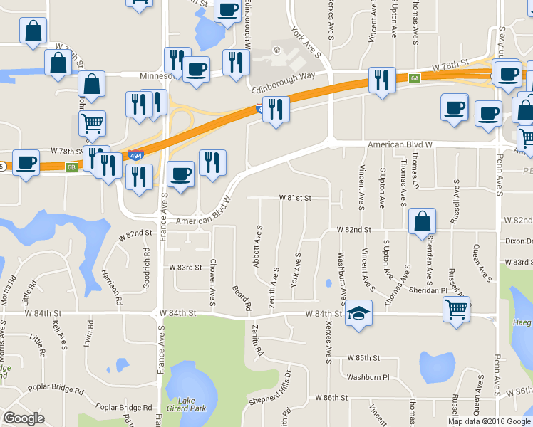 map of restaurants, bars, coffee shops, grocery stores, and more near 8117 Abbott Avenue South in Minneapolis