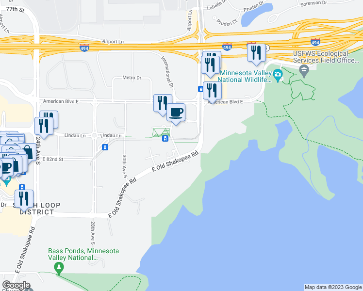 map of restaurants, bars, coffee shops, grocery stores, and more near 8161 33rd Avenue South in Bloomington