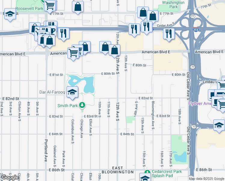 map of restaurants, bars, coffee shops, grocery stores, and more near 8100 12th Avenue South in Bloomington