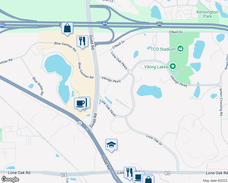map of restaurants, bars, coffee shops, grocery stores, and more near 2825 Lone Oak Parkway in Eagan