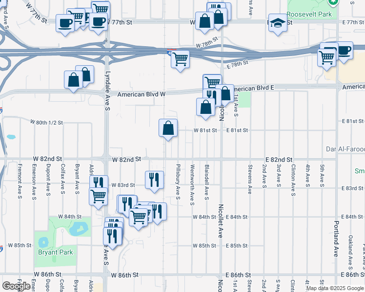 map of restaurants, bars, coffee shops, grocery stores, and more near 8127 Pillsbury Avenue South in Minneapolis