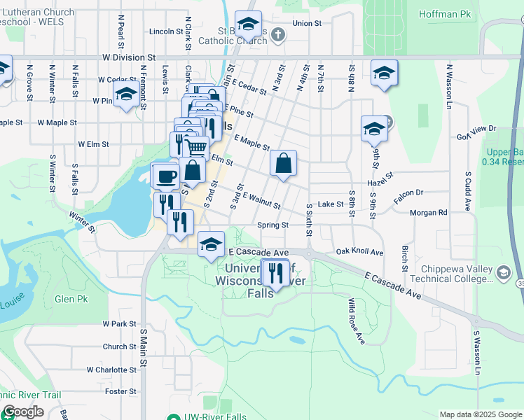 map of restaurants, bars, coffee shops, grocery stores, and more near 208 South 4th Street in River Falls