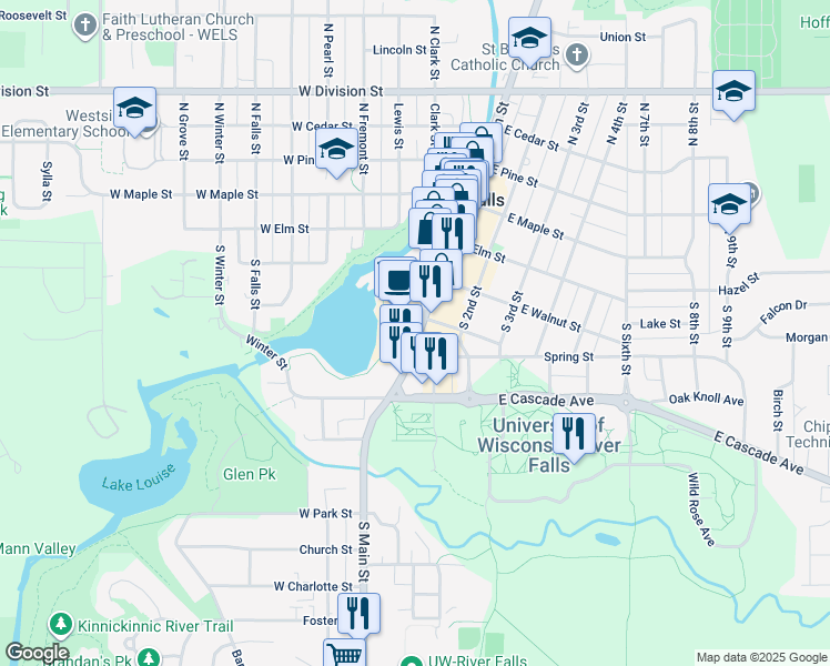 map of restaurants, bars, coffee shops, grocery stores, and more near 303 South Main Street in River Falls