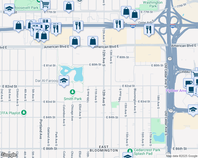 map of restaurants, bars, coffee shops, grocery stores, and more near 8100 12th Avenue South in Bloomington