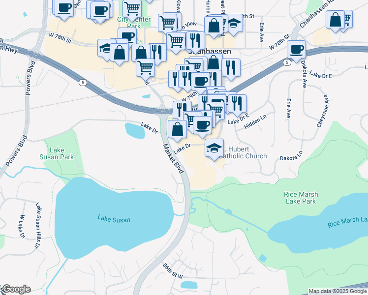 map of restaurants, bars, coffee shops, grocery stores, and more near 517 Lake Drive in Chanhassen