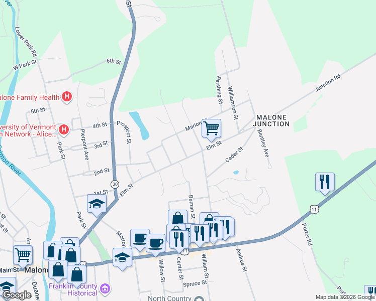 map of restaurants, bars, coffee shops, grocery stores, and more near 120 Union Street in Malone