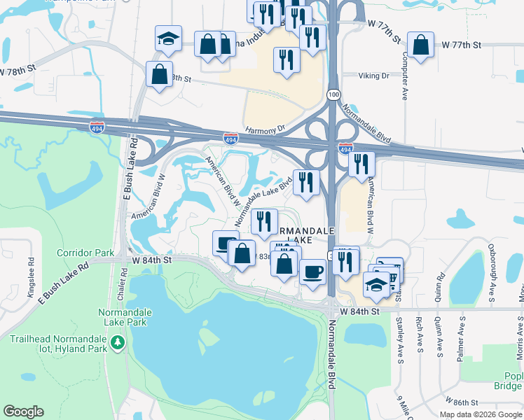 map of restaurants, bars, coffee shops, grocery stores, and more near 5650 American Boulevard West in Bloomington