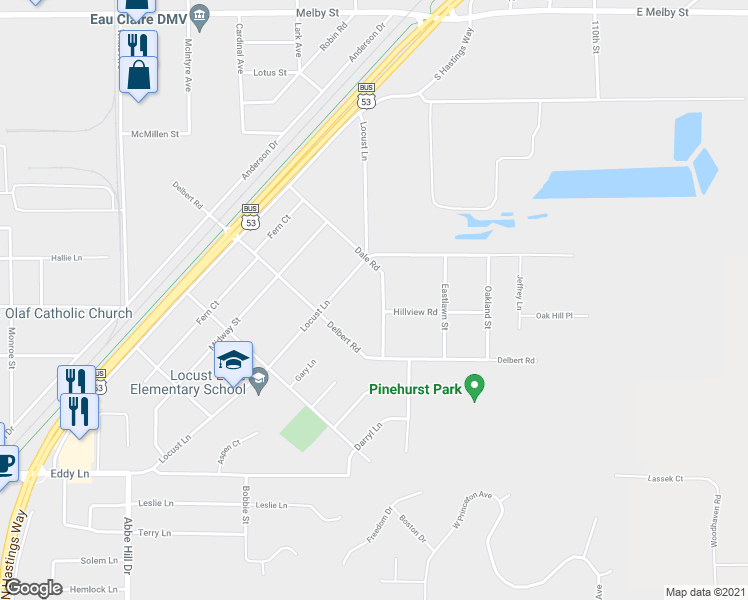 map of restaurants, bars, coffee shops, grocery stores, and more near 3354 Dale Road in Eau Claire