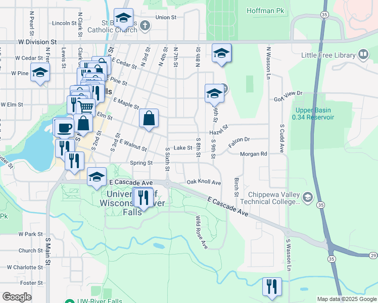 map of restaurants, bars, coffee shops, grocery stores, and more near 636 Lake St in River Falls