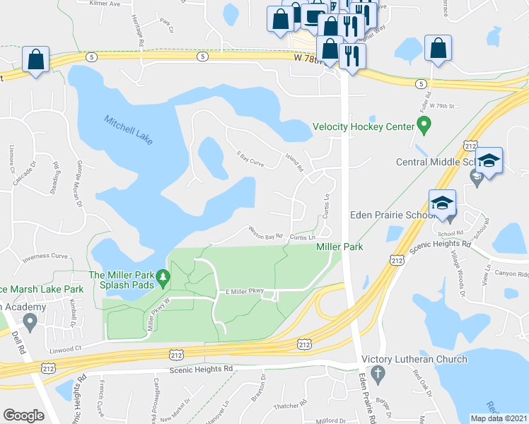 map of restaurants, bars, coffee shops, grocery stores, and more near 8081 Timber Lake Drive in Eden Prairie