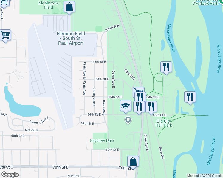 map of restaurants, bars, coffee shops, grocery stores, and more near 6443 Dawn Avenue East in Inver Grove Heights