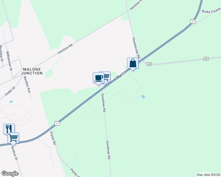 map of restaurants, bars, coffee shops, grocery stores, and more near 3938 U.S. 11 in Malone