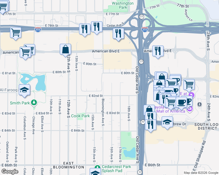 map of restaurants, bars, coffee shops, grocery stores, and more near 8124 16th Avenue South in Bloomington