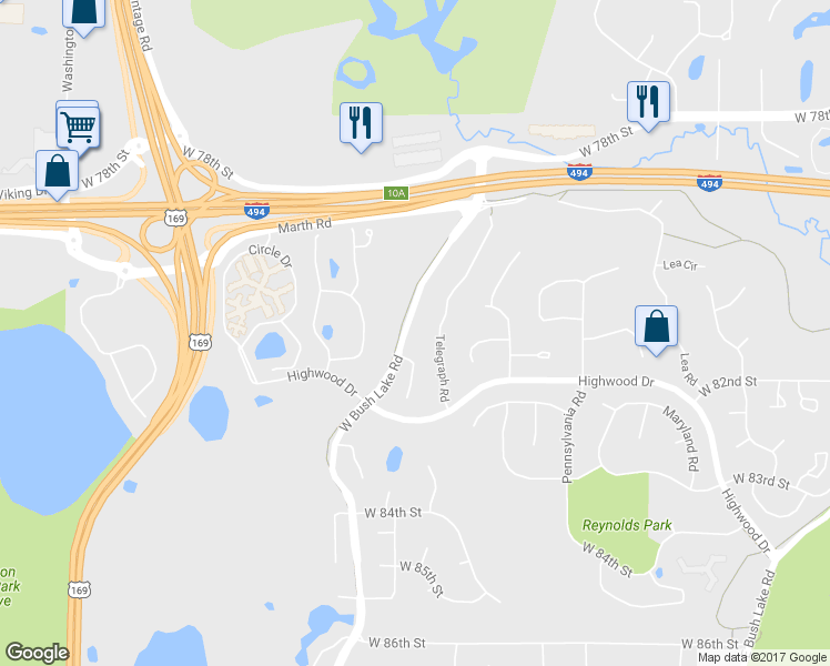 map of restaurants, bars, coffee shops, grocery stores, and more near 8101 West Bush Lake Road in Minneapolis