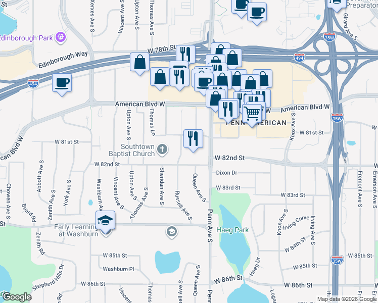 map of restaurants, bars, coffee shops, grocery stores, and more near 8120 Penn Avenue South in Bloomington