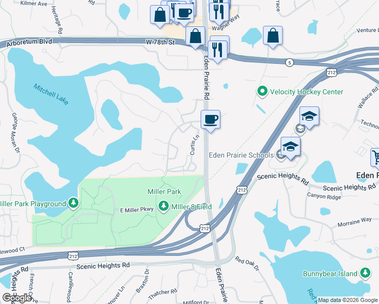 map of restaurants, bars, coffee shops, grocery stores, and more near 8148 Eden Prairie Road in Eden Prairie