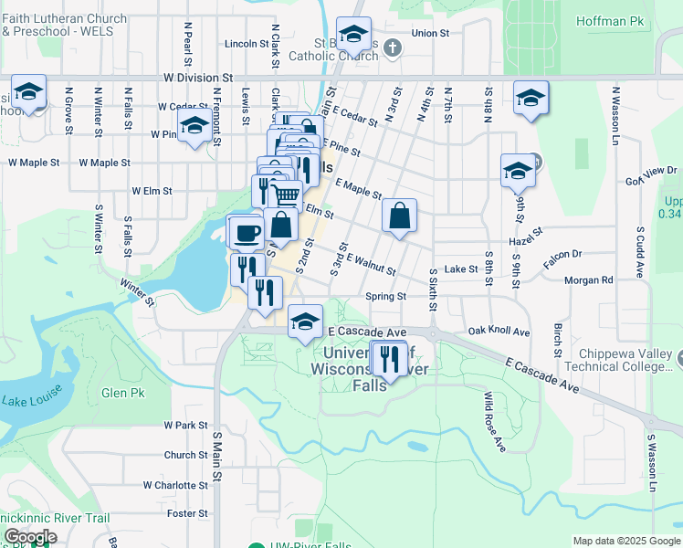 map of restaurants, bars, coffee shops, grocery stores, and more near 214 South 3rd Street in River Falls