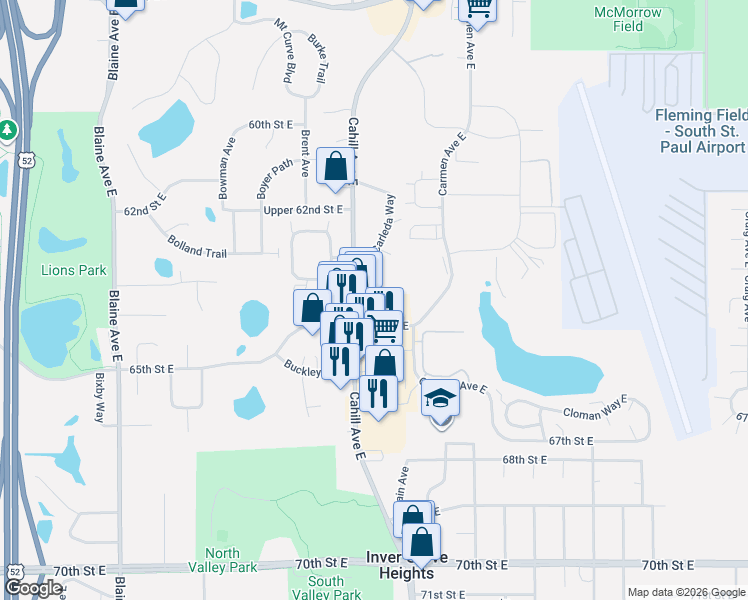 map of restaurants, bars, coffee shops, grocery stores, and more near 3095 65th Street East in Inver Grove Heights