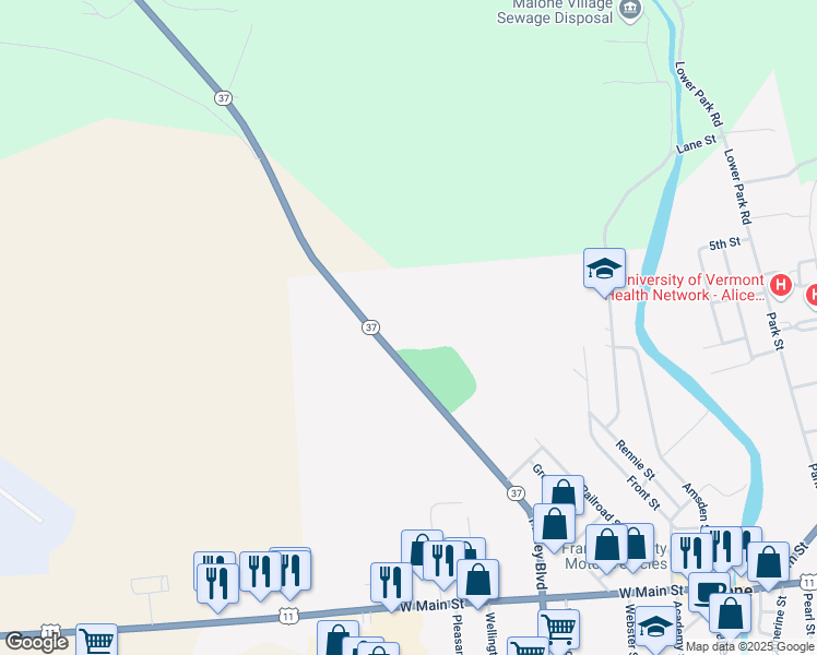 map of restaurants, bars, coffee shops, grocery stores, and more near 175 Fort Covington Street in Malone