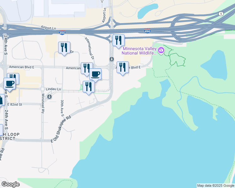 map of restaurants, bars, coffee shops, grocery stores, and more near 8131 34th Avenue South in Bloomington