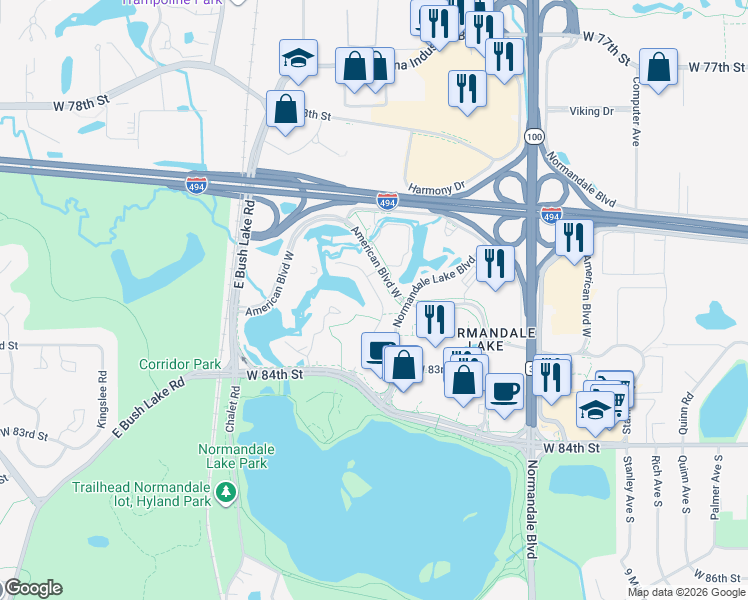 map of restaurants, bars, coffee shops, grocery stores, and more near 8310 Norman Creek Trail in Minneapolis