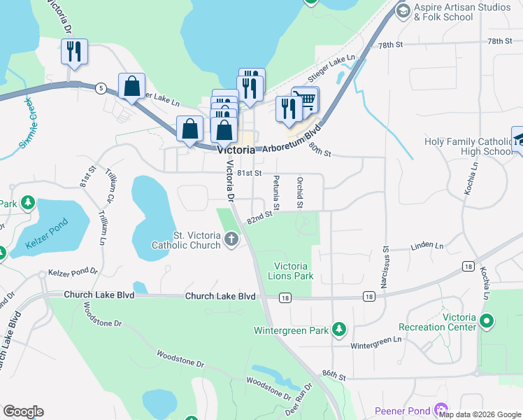map of restaurants, bars, coffee shops, grocery stores, and more near 1680 82nd Street in Victoria