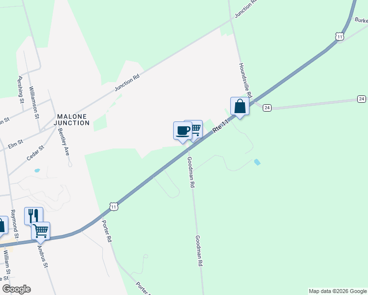 map of restaurants, bars, coffee shops, grocery stores, and more near 3923 U.S. 11 in Malone