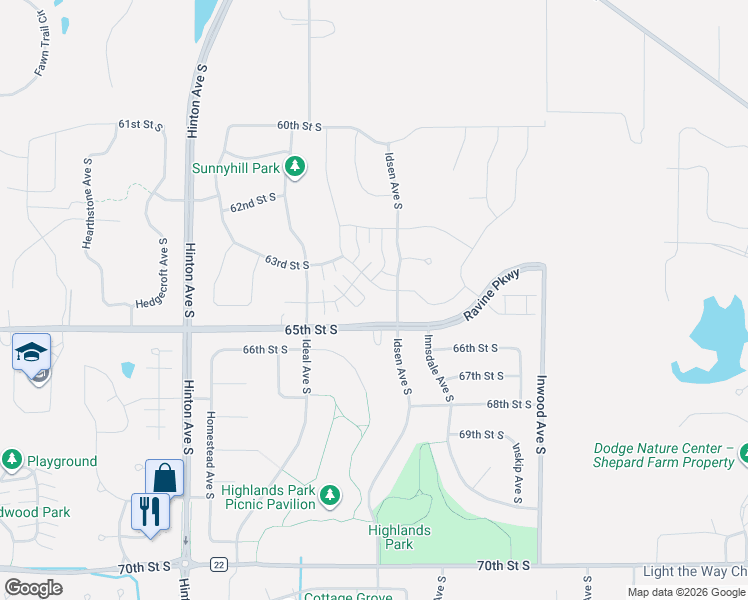 map of restaurants, bars, coffee shops, grocery stores, and more near 8069 64th Street South in Cottage Grove