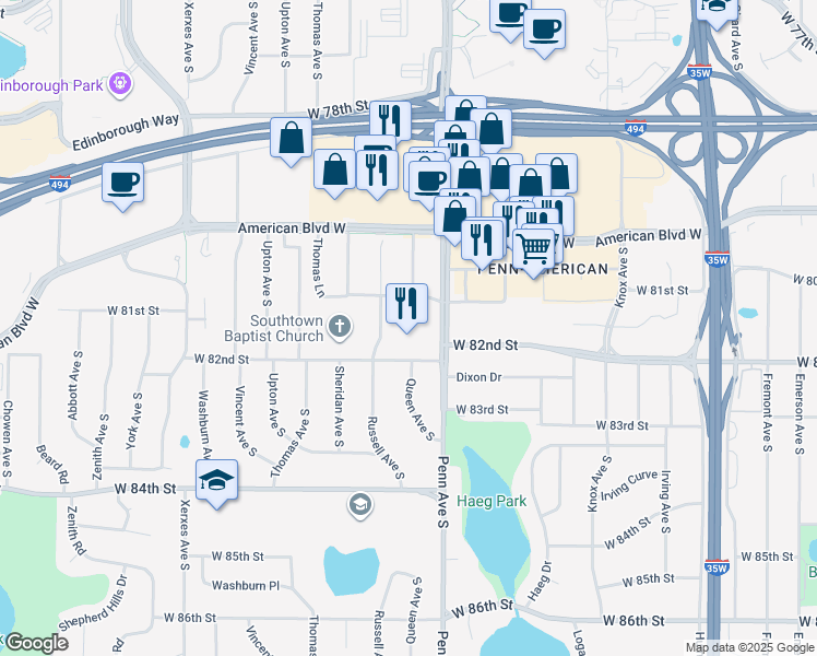 map of restaurants, bars, coffee shops, grocery stores, and more near 8120 Penn Avenue South in Bloomington