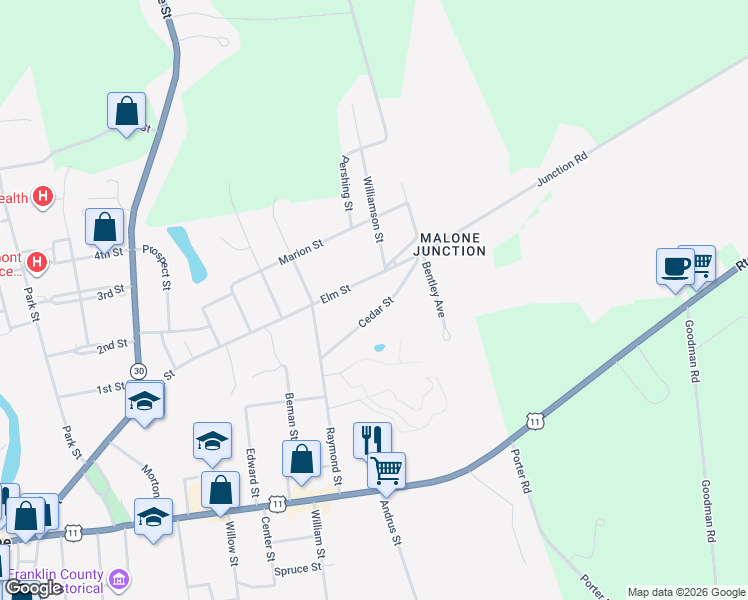 map of restaurants, bars, coffee shops, grocery stores, and more near 52 Cedar St in Malone