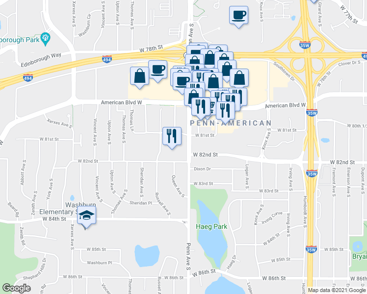 map of restaurants, bars, coffee shops, grocery stores, and more near 8100 Penn Avenue South in Bloomington